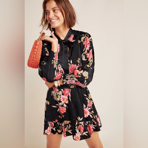 Misa Los Angeles Iyana Tie-Neck Smocked Waist Mini Dress Black Floral Size Large - Picture 2 of 10